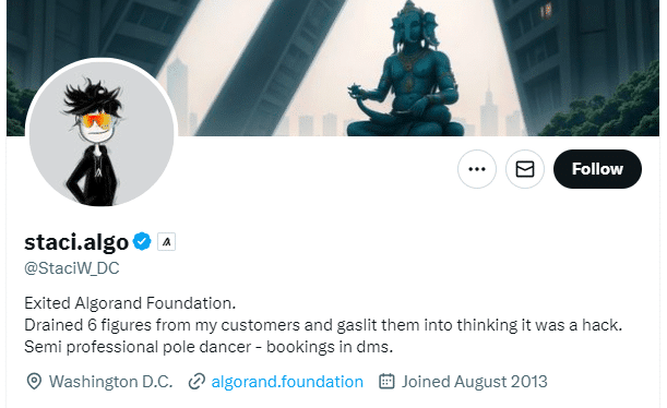 Staci Warden’s X account bio after the hack