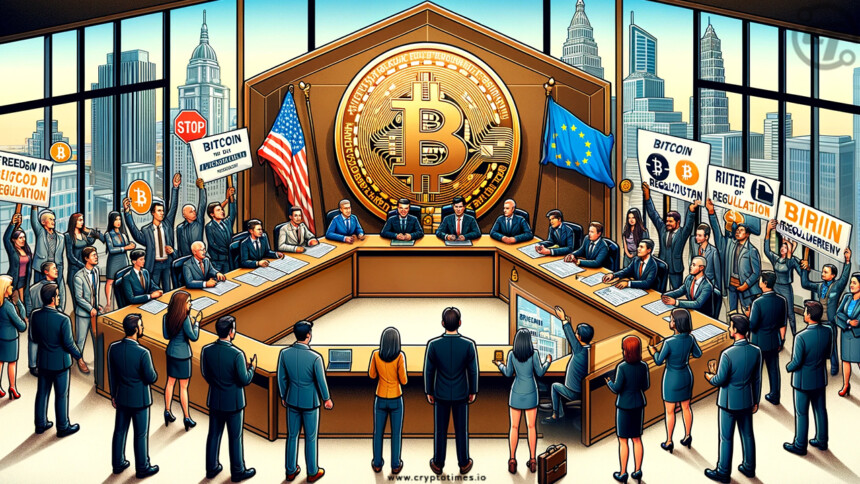 Crypto Is The Defining Political Issue, Parliament and US & Europe flag is showing