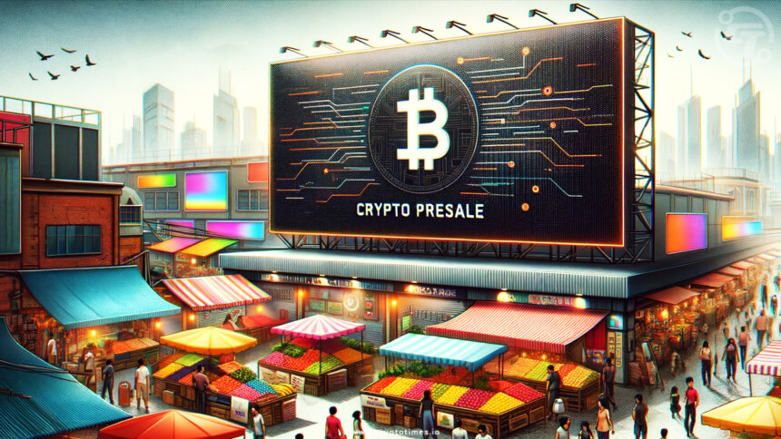A big display is showing the Crypto Presales with bitcoin icon on the display