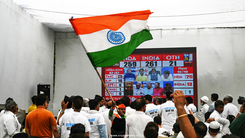 Indian public watching the election result while keeping India flag in Hand.