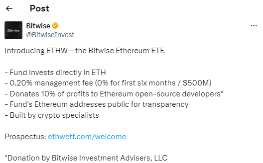 Bitwise to Donate 10% of New ETHW ETF Profits to Ethereum Devs