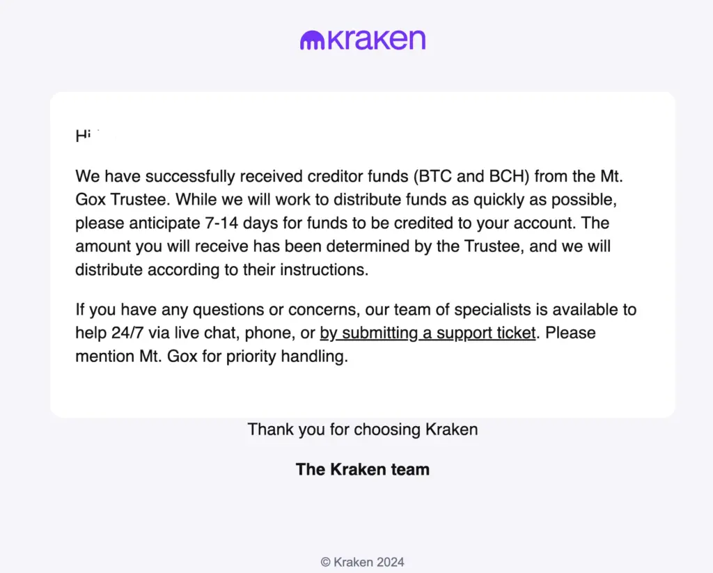 Kraken mail to MtGox creditors