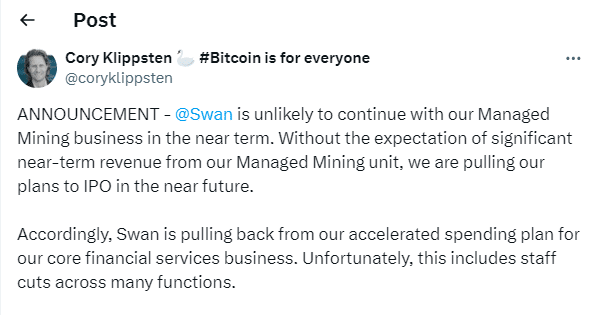 Swan Bitcoin Halts IPO Plans After Shutting Down Mining Operations