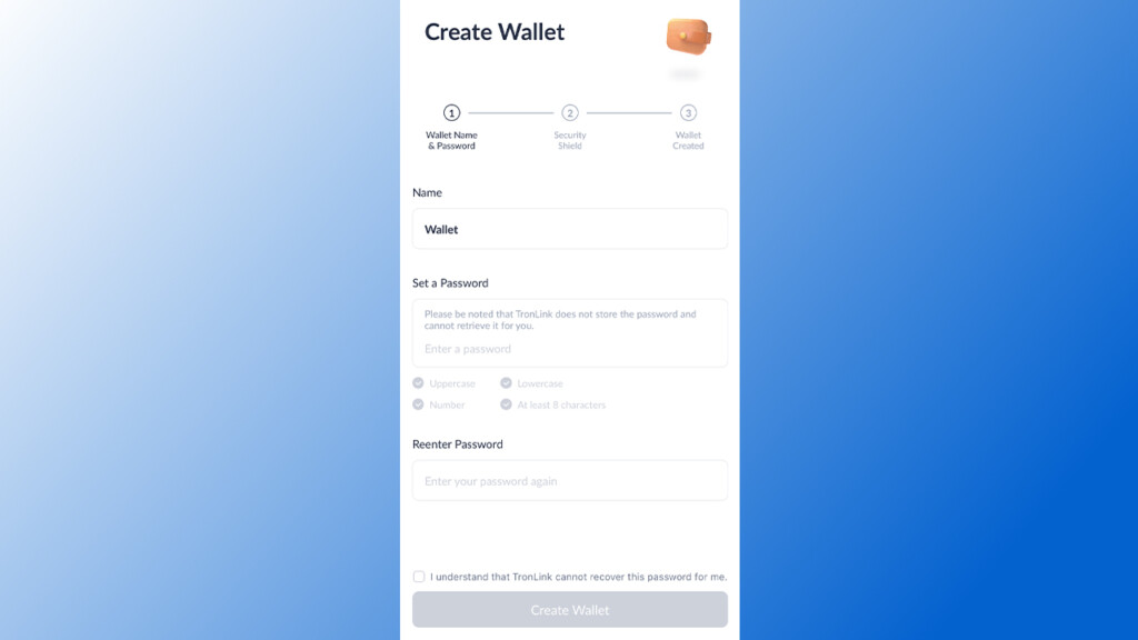 Set and confirm a secure password in  
TronWallet In Mobile App