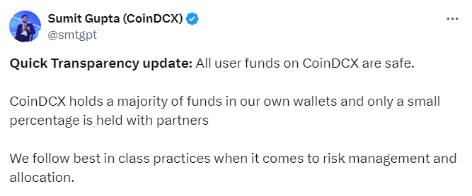 CoinDCX Ensures User Funds Are Safe