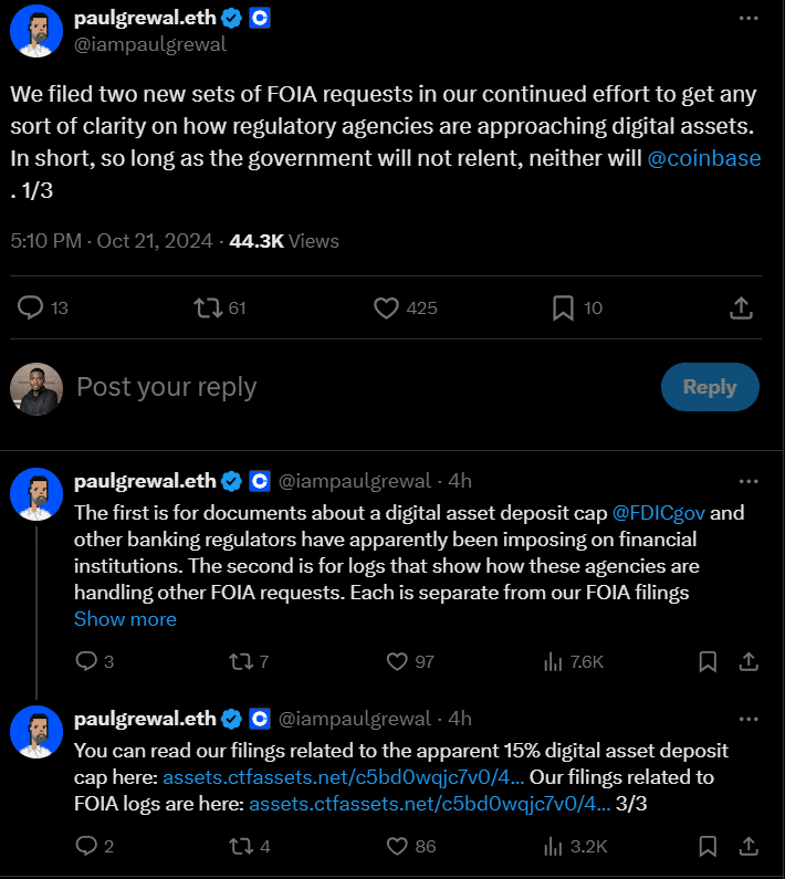 Coinbase Files Two FOIA Requests Against US Regulators