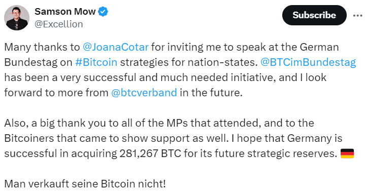 Mow Urges Germany to Include Bitcoin