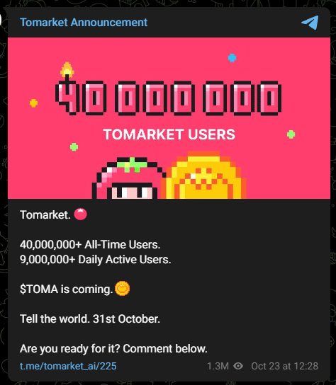 Tomarket’s Announcement via Telegram Channel