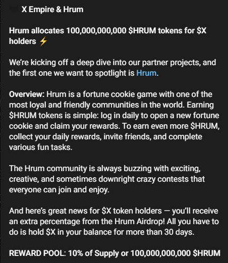 X Expire announces the Hrum airdrop allocation on its Telegram channel