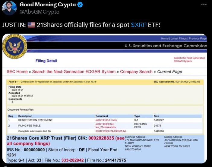 21Shares Files with SEC to Launch XRP ETF for U.S. Investors