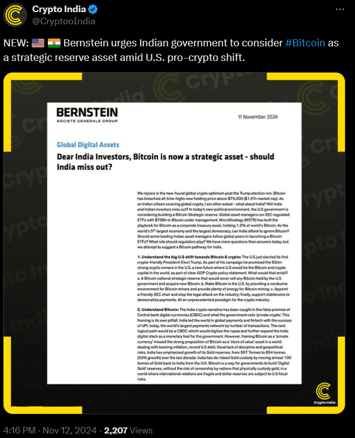 Bernstein Urges India to Recognize Bitcoin as a Strategic Asset