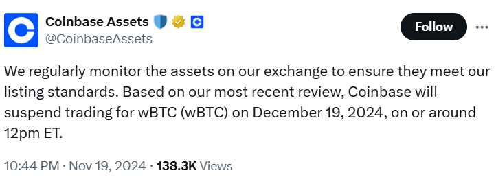 Coinbase to WBTC