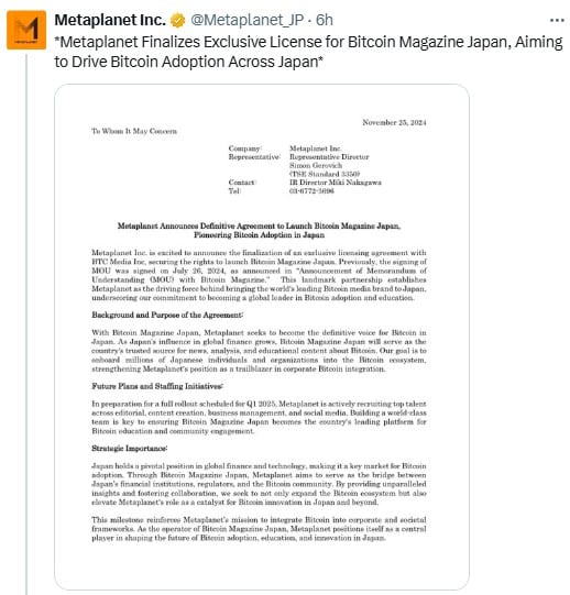 Metaplanet Joins BTC Media to Launch Bitcoin Magazine in Japan