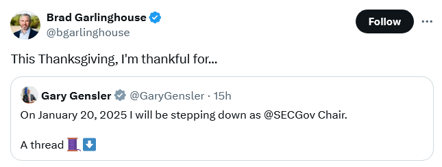 Ripple CEO Tweet on Gary Gensler Resignation