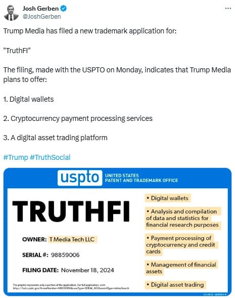 Trump Media Files Trademark for TruthFi to Enter Crypto