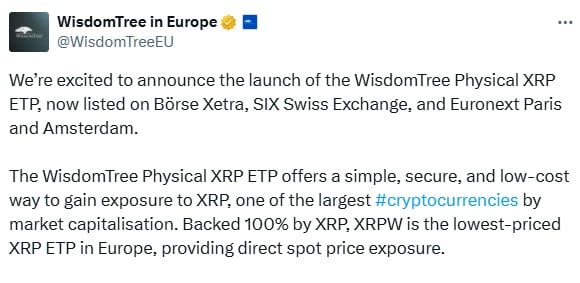 WisdomTree Launches Physical XRP ETP on European Exchanges