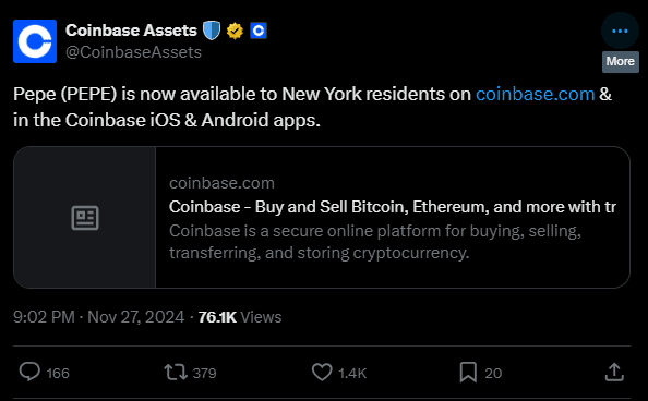 Coinbase avails pepe