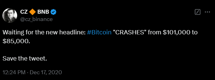 Binance CEO predicts Bitcoin Crash