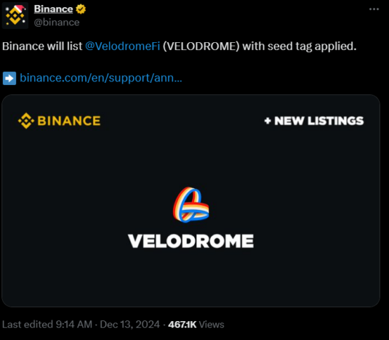 Binance announce listing VELO