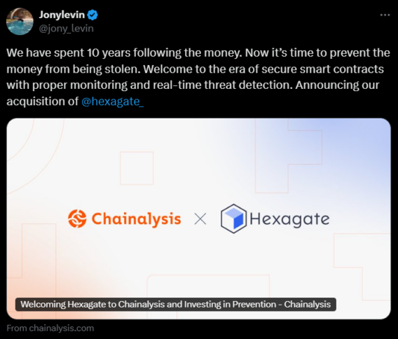 Chainalysis CEO Jonathan Levin announced the acquisition on X