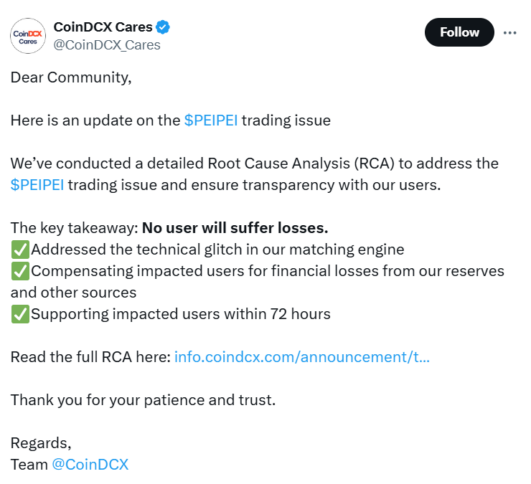 CoinDCX Cares's Tweet