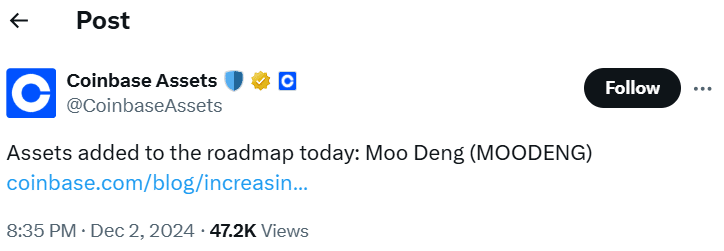 Coinbase Adds MOODENG to Roadmap