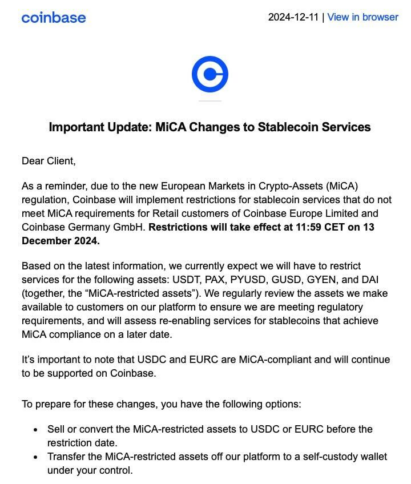 Coinbase is restricting USDT services in Europe starting December 13