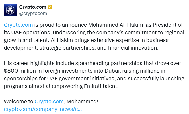 Crypto.com's new UAE President