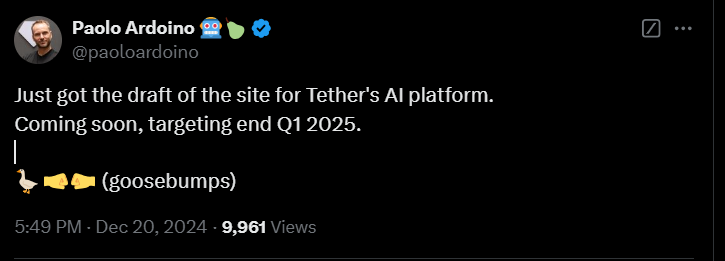 Tether CEO teases AI platform launch