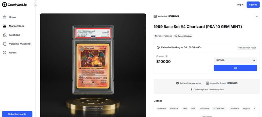 The 1999 first-edition Holographic Charizard Pokémon card with current bid at $10k