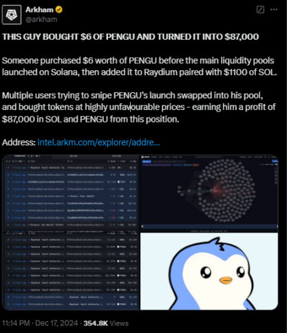 Trader bough turned $6 PENGU into $87,000