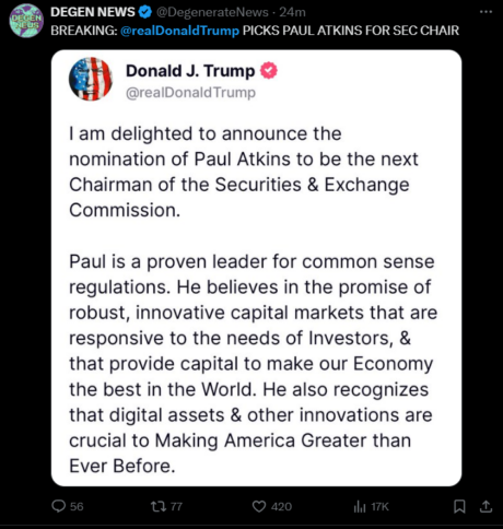 Trump announce Paul Atkin as Next SEC Chairman